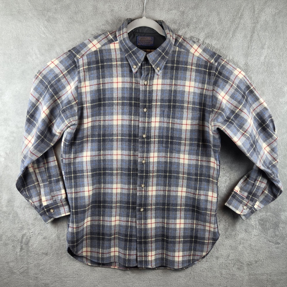 Vintage Pendleton Board Shirt Black Grey‎ Blue Red Plaid Virgin Wool Mens Large